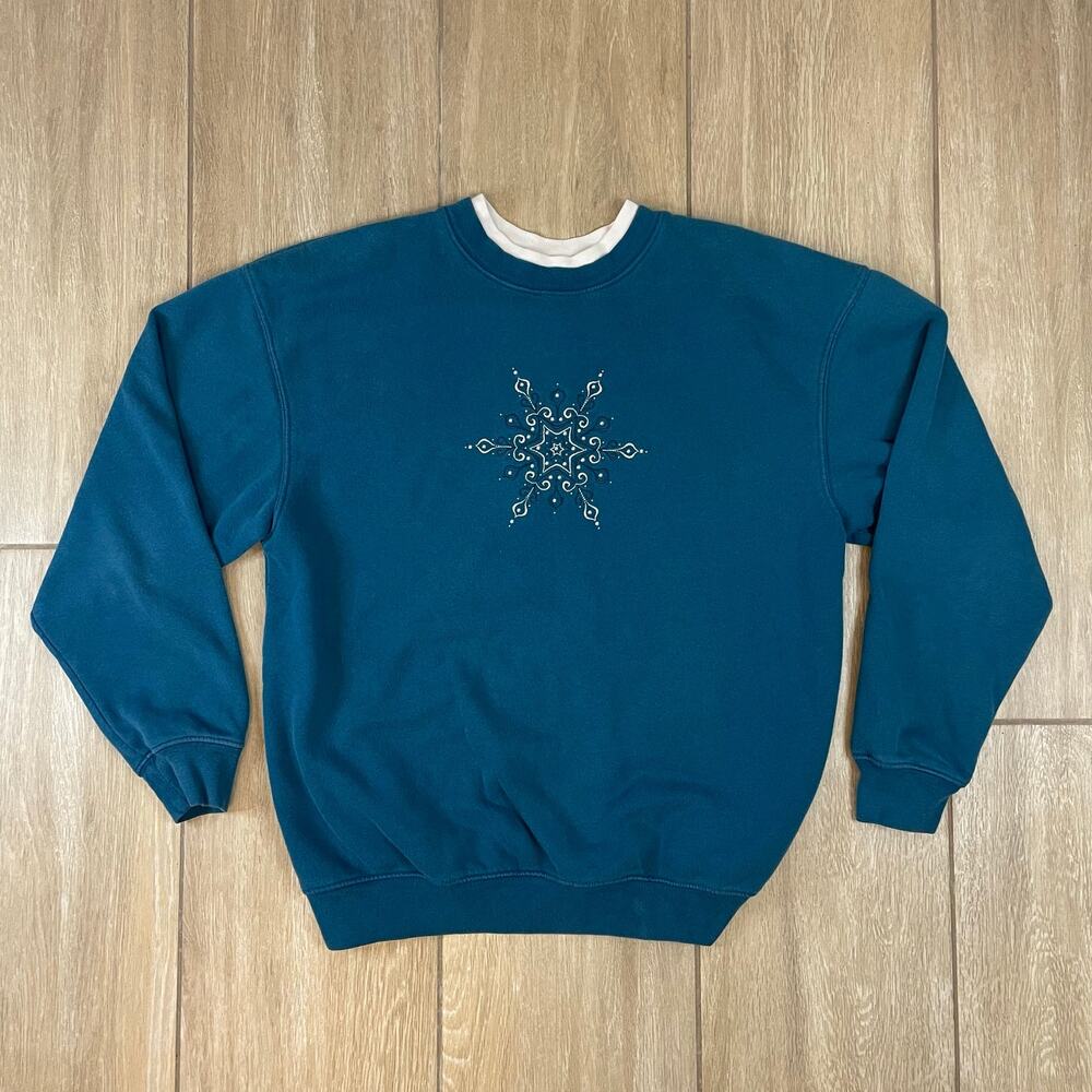 Vintage Snowflake Embroidered Sweatshirt Womens L Teal Winter Christmas Crewneck
